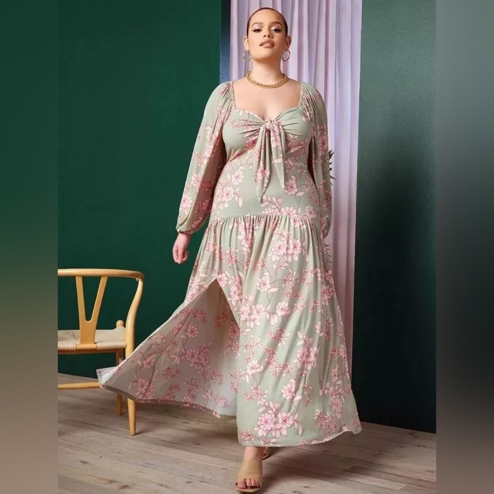 Tie Front Maxi Dress Gardenia Floral Green Long Sleeve
